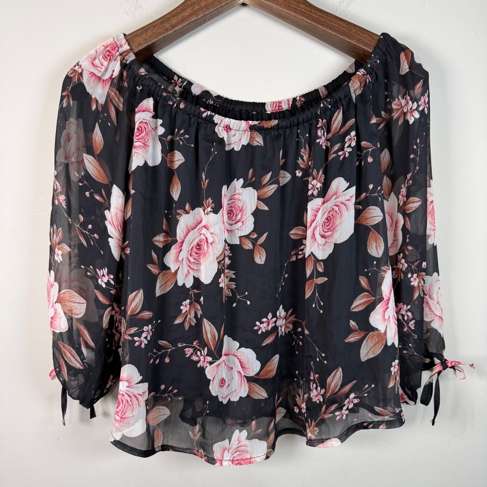 American Eagle Black/Pink Floral Sheere Lined Blouse Boho Whimsigoth Medium